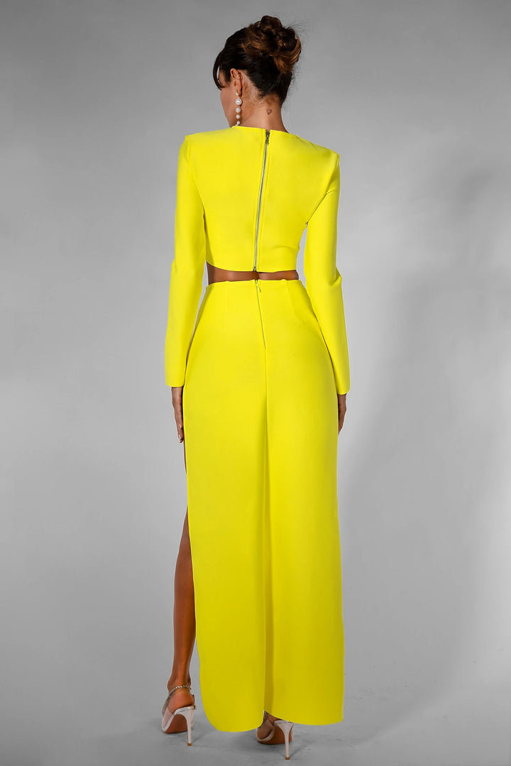 “Star” Embellished Starfish Yellow Long Sleeve high Slit Two Piece Bandage Dress