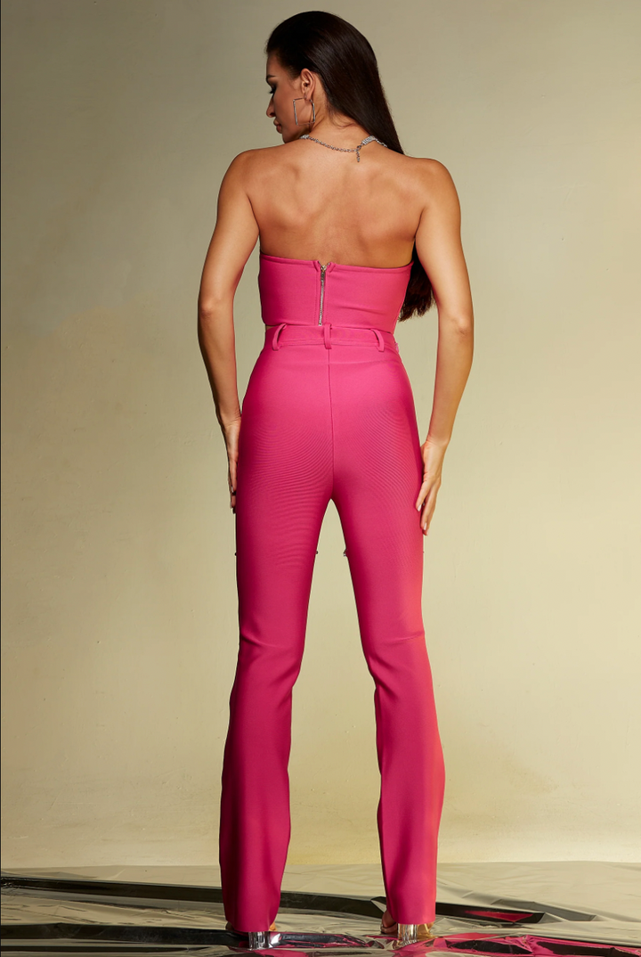 "Rosalie" Crystal Embellished Pink Two Piece Bandage Pants Set