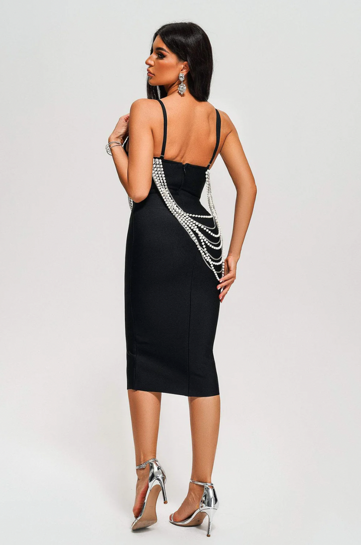 "Prisila" Beautifully Pearl Chained Front & Back Black Bandage Dress