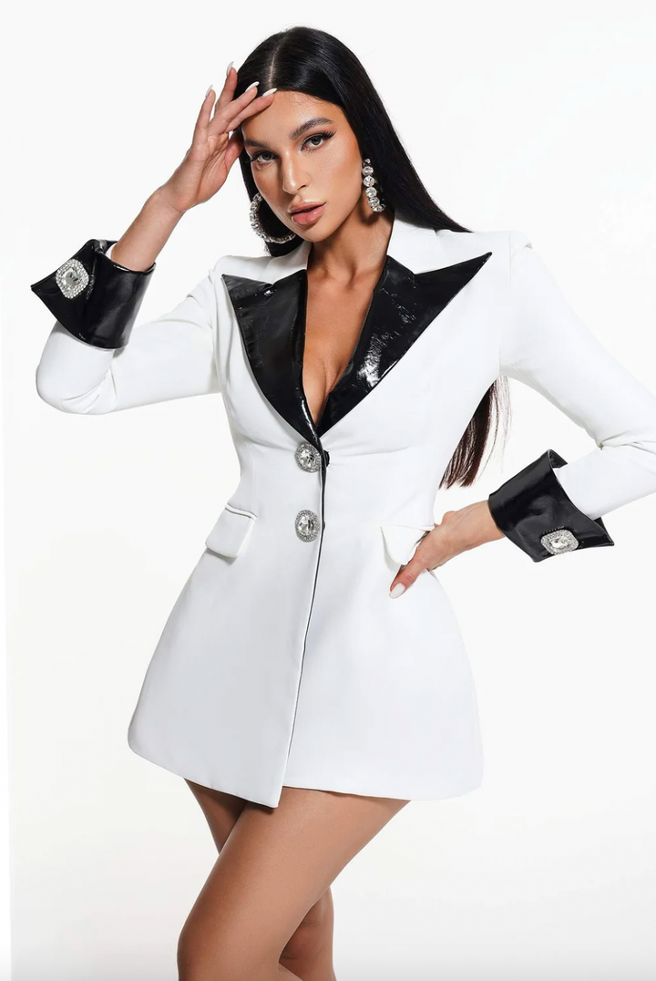 "Nene" Jeweled Button White & Black Mini Blazer Dress