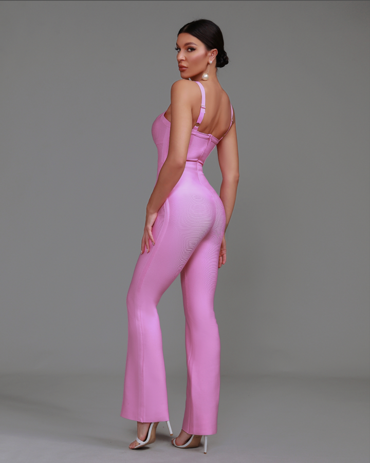 "Josie" Pink Strap Stripe Bandage Jumpsuit