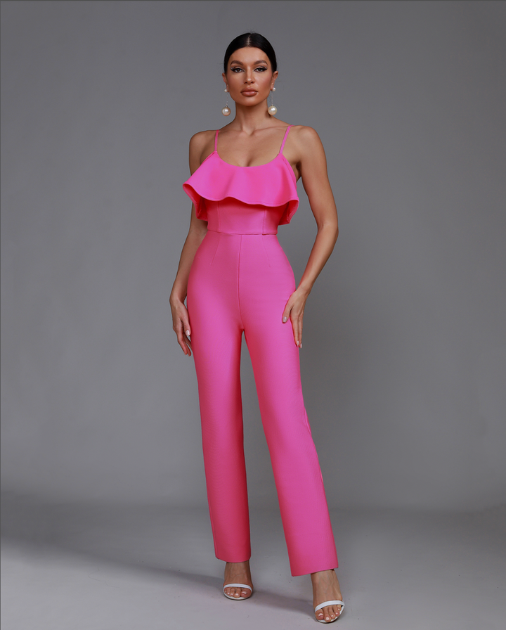 "Danity" Pink Ruffle Slim Bandage Jumpsuit