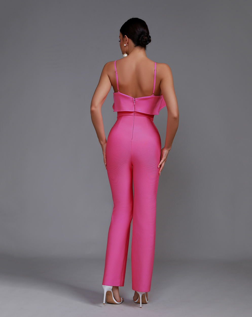 "Danity" Pink Ruffle Slim Bandage Jumpsuit