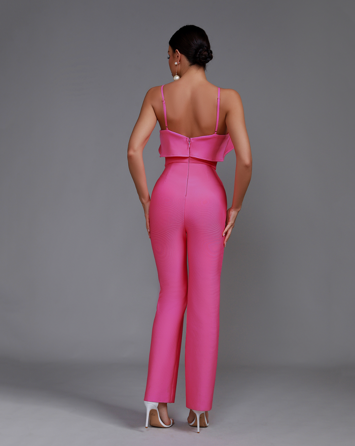 "Danity" Pink Ruffle Slim Bandage Jumpsuit