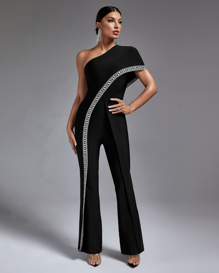 "Cina" One Shoulder Black and White Bandage Dress