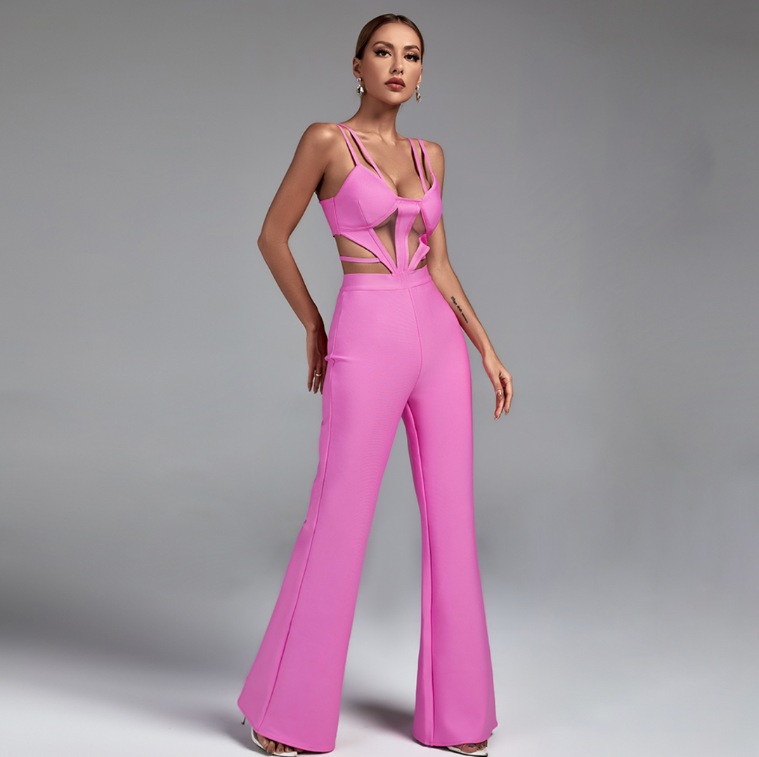 "Pini" Pink Strappy Cutout Bandage Jumpsuit