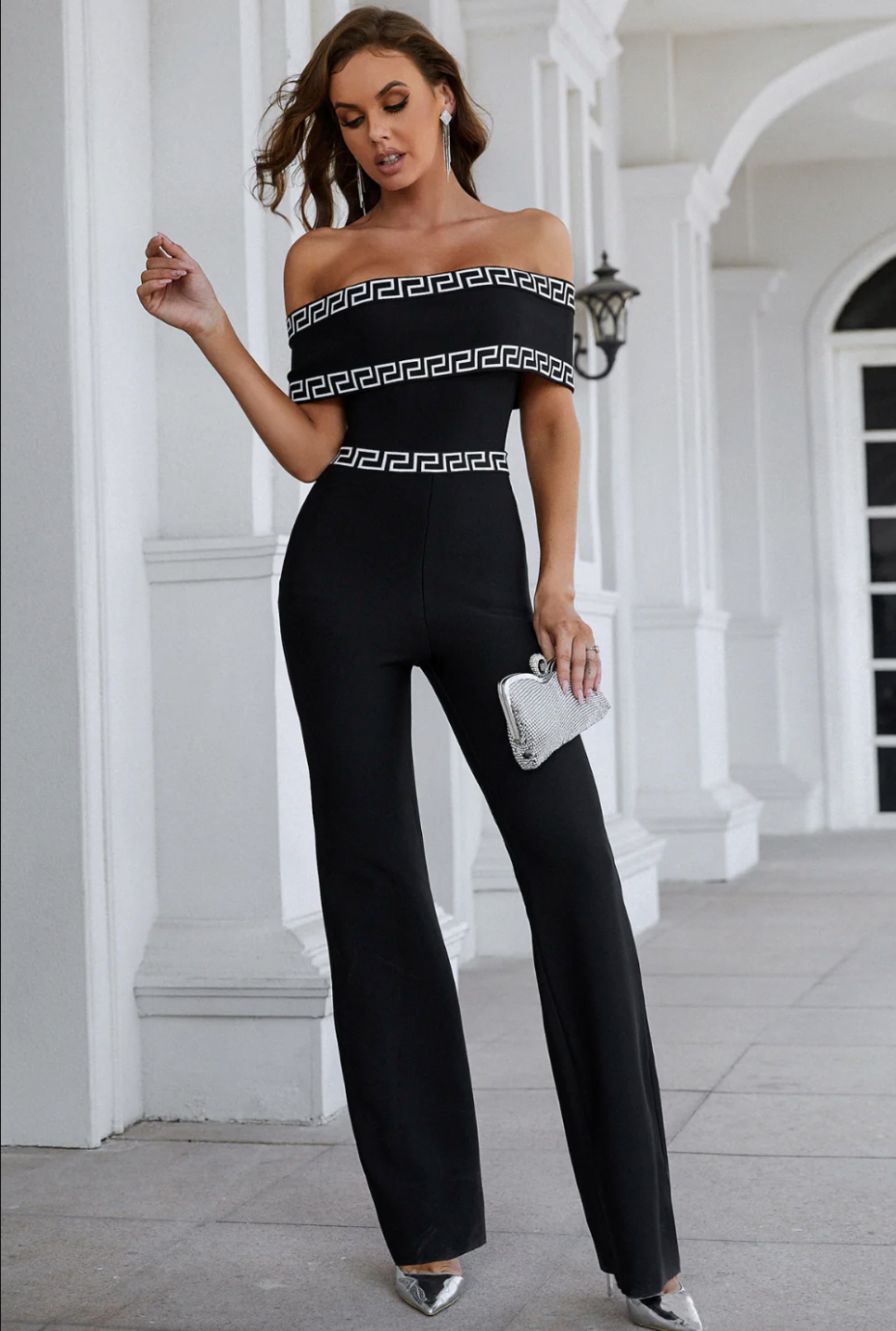 "Thelio" Black and White Off the Shoulder Bandage Jumpsuit