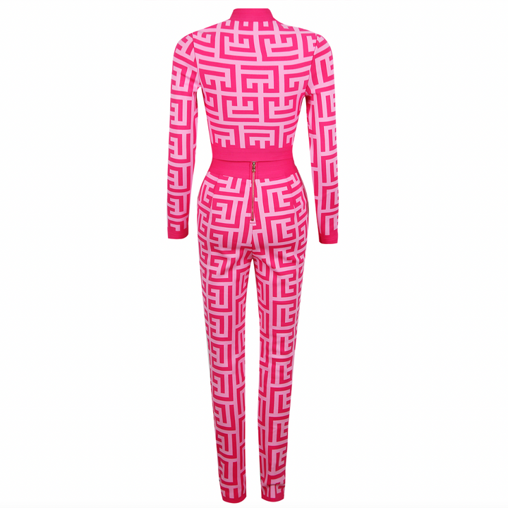 "Barbie" Pink Gold Buttoned Plaid Long Sleeve Bandage Two Piece Pants Set