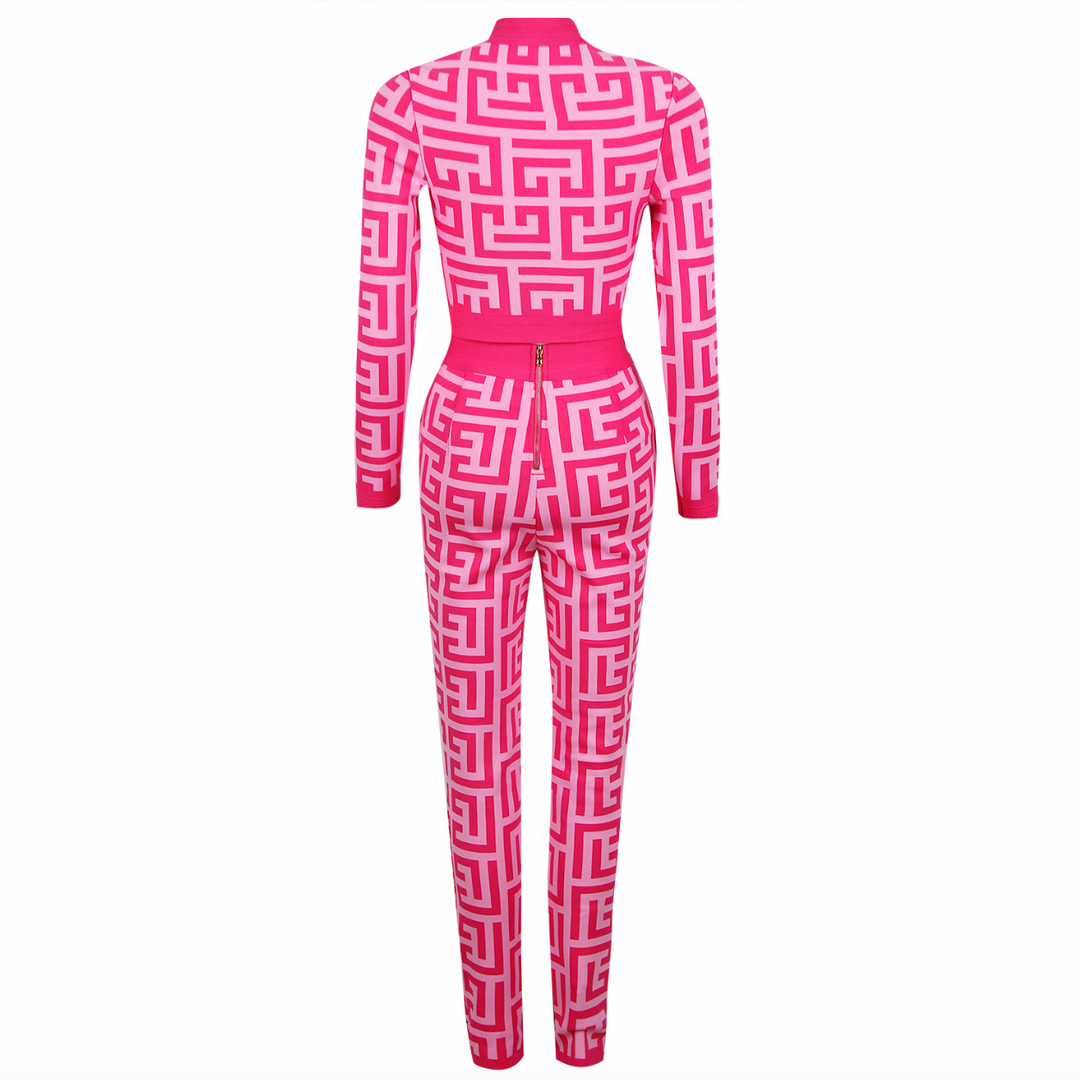 "Barbie" Pink Gold Buttoned Plaid Long Sleeve Bandage Two Piece Pants Set