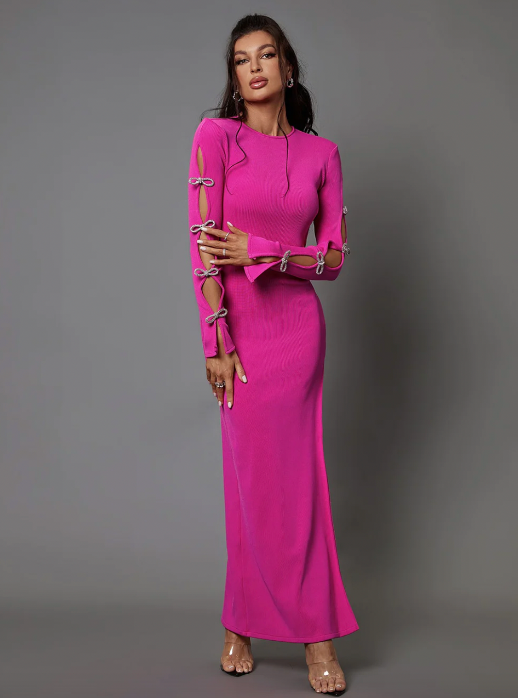 "Marina" Crystal Bow Cutout Sleeve Pink Bandage Dress