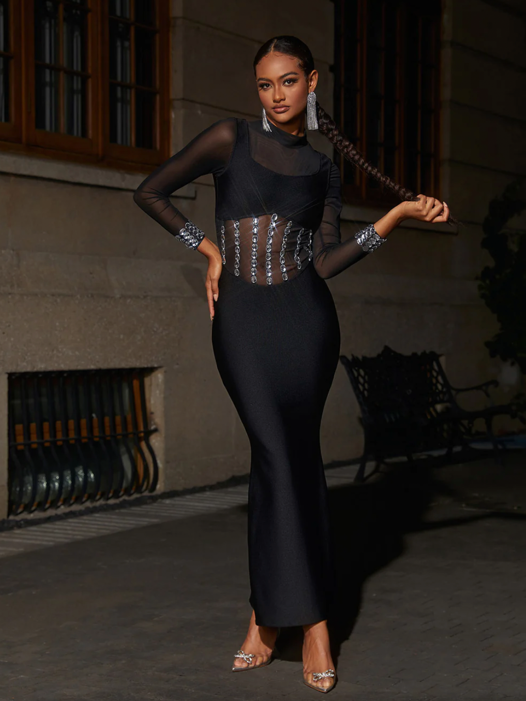 "Lipa" Crystal Embellished Black Mesh Bandage Dress
