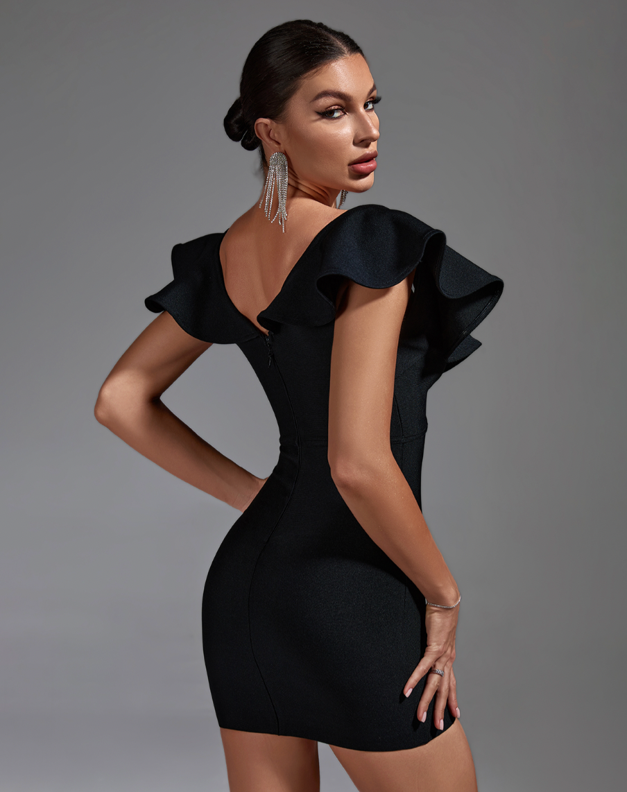 "Darla" Sexy Black Deep V Ruffled Mini Bandage Dress