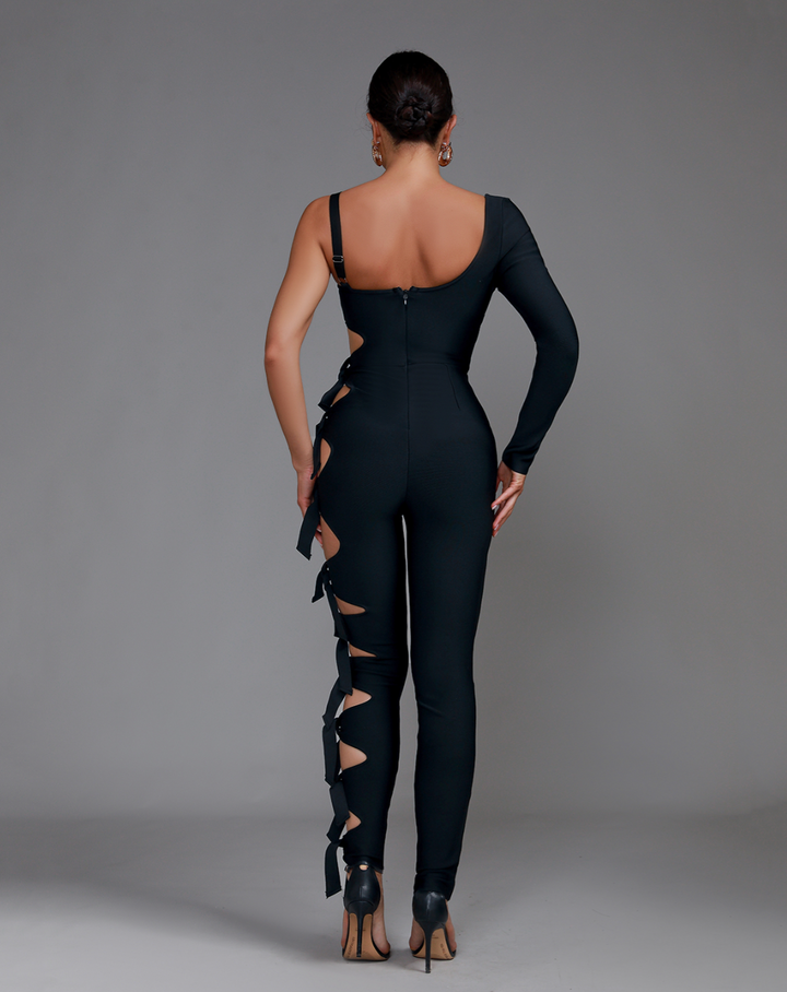 "Darling" Sexy Asymmetric Cut Out Knotted Black Bandage Jumpsuit