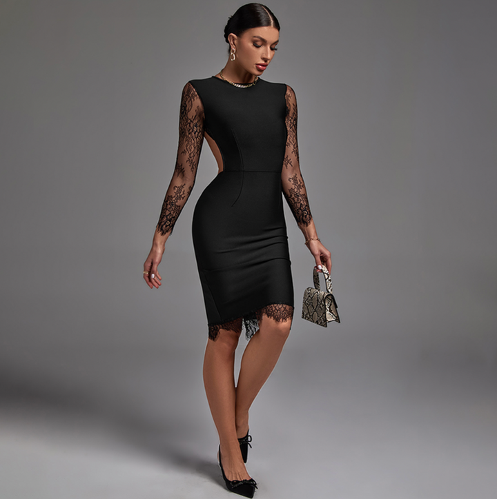 "Zoe" Sexy Black Lace Sleeves with Open Back Bandage Dress