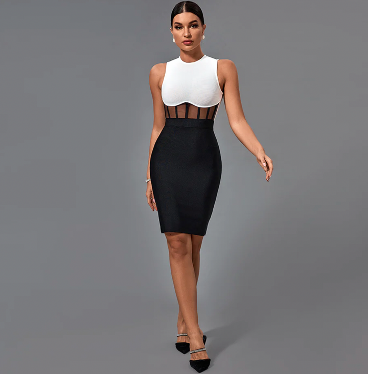 "Tanque" Sexy Corset Mesh Detailed Black & White Bandage Dress