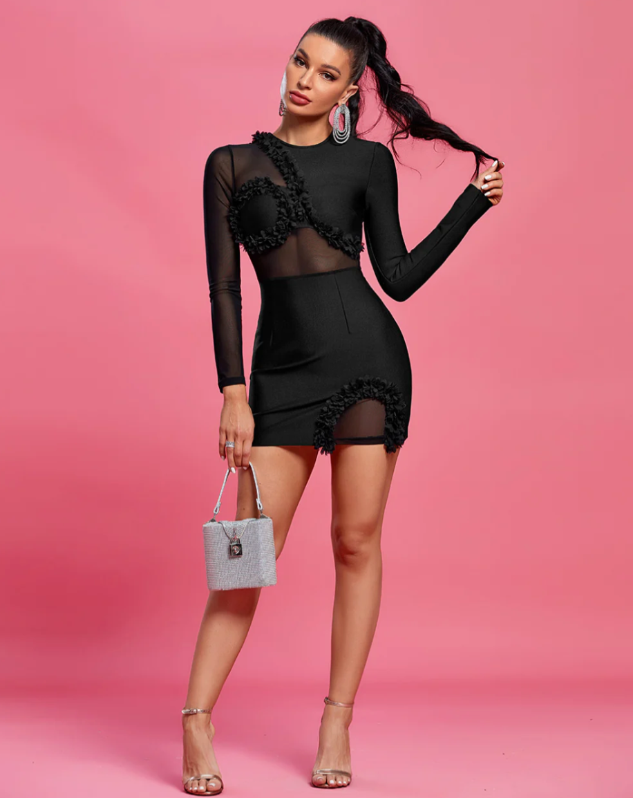 "Liv" Black Long Sleeve Petal Mesh Mini Bandage Dress