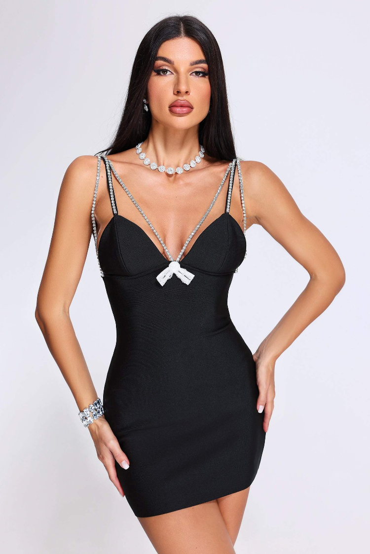 "Ines" Sexy Crystal Studded Mini Black Bandage Dress
