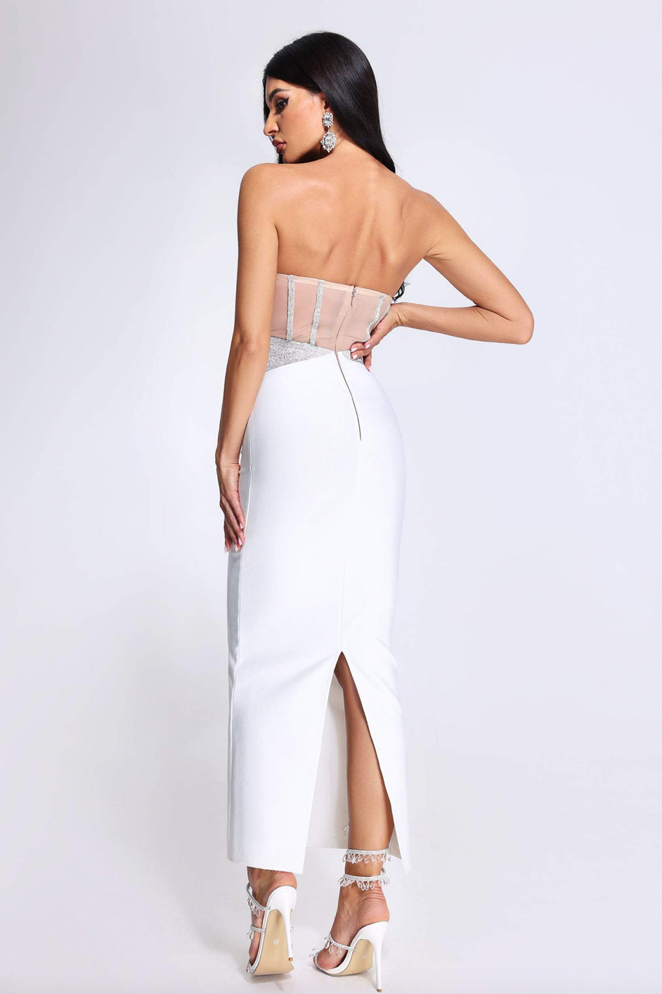 "Sley" Strapless Crystal Embellished Mesh White Midi Bandage Dress