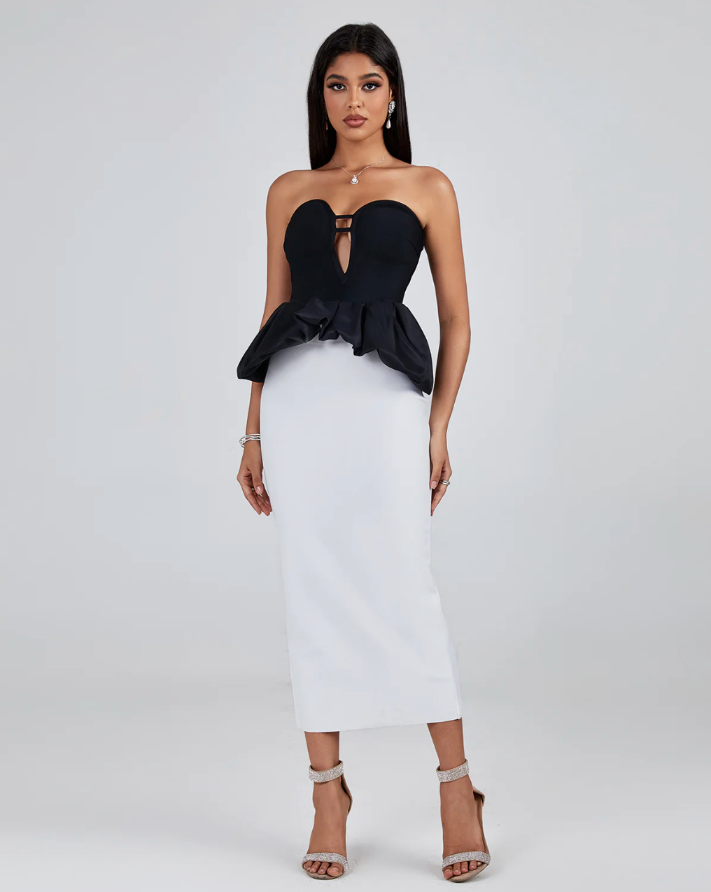 "Vienna" Strapless Black & White Ruffle Detailed Cocktail Bandage Dress
