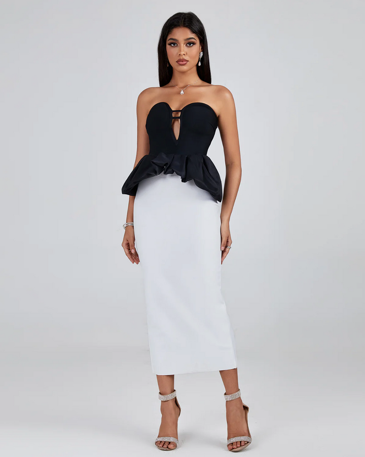 "Vienna" Strapless Black & White Ruffle Detailed Cocktail Bandage Dress