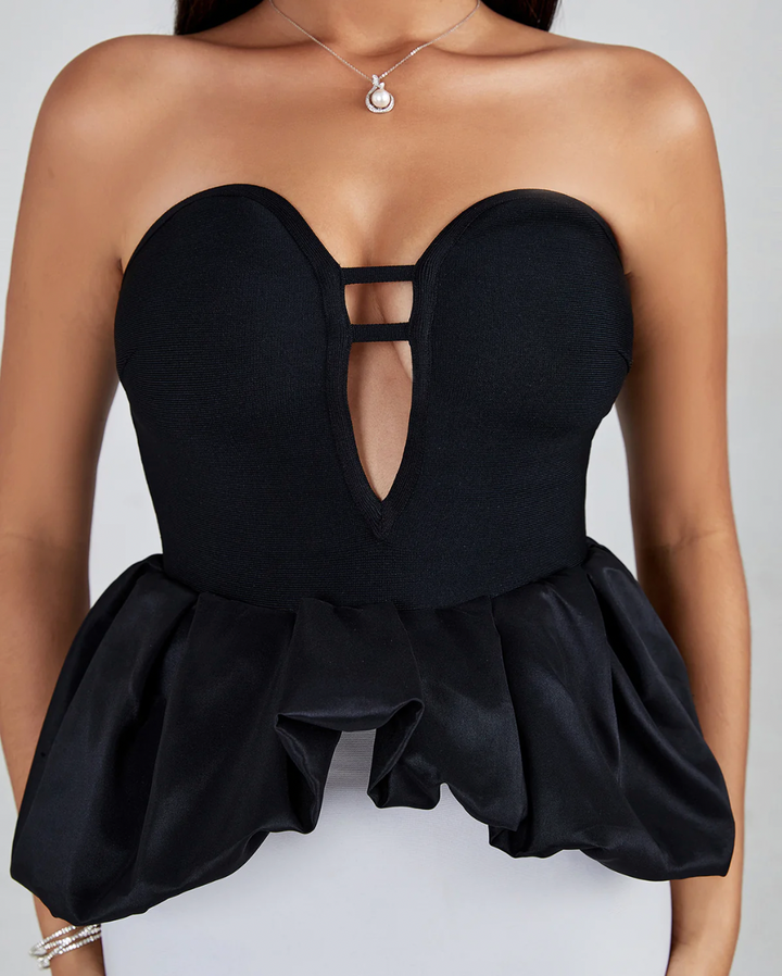 "Vienna" Strapless Black & White Ruffle Detailed Cocktail Bandage Dress