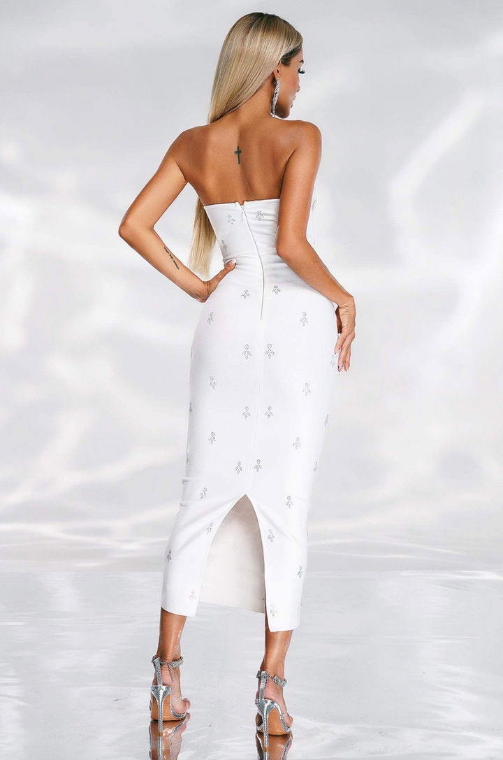 "Miya" Strapless Crystal Embellished White Bandage Dress