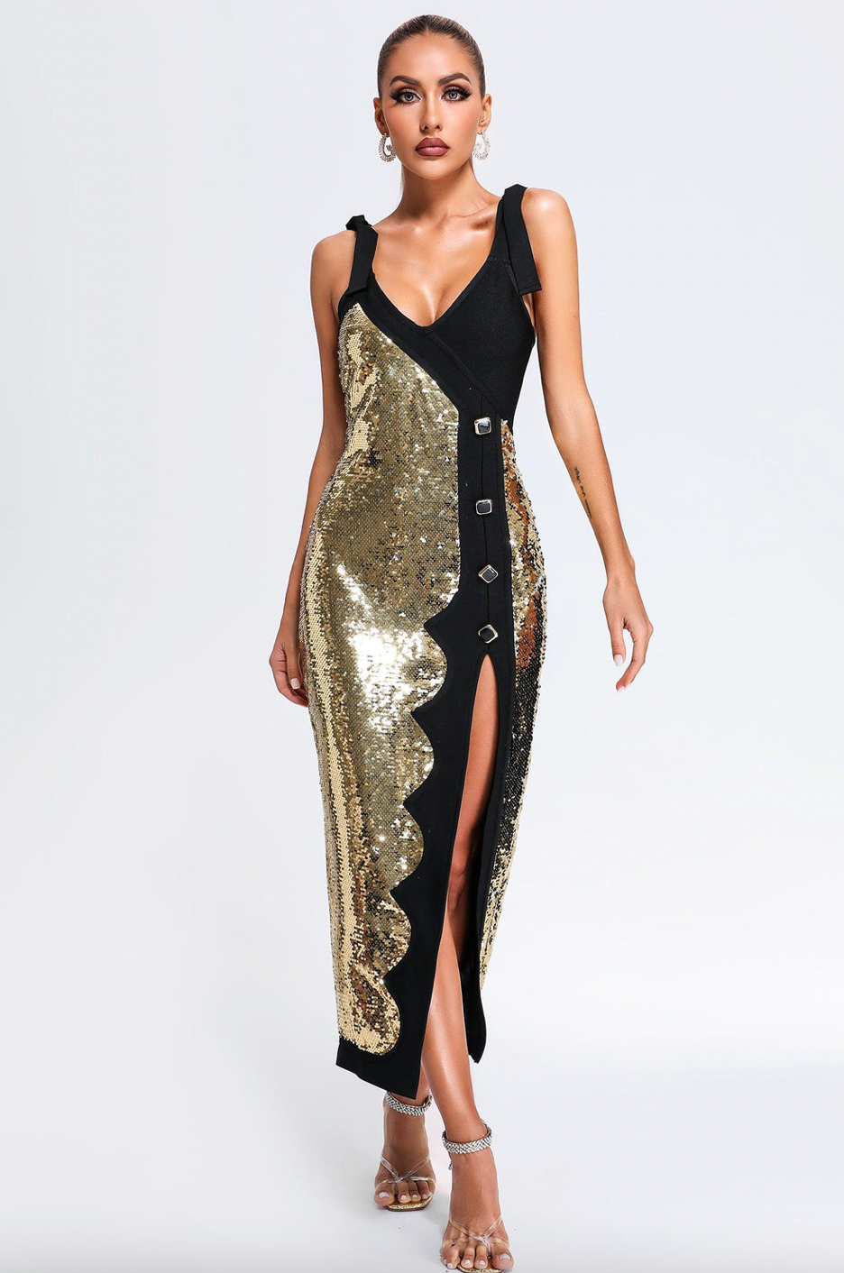 "Dolo" Gold Sequin High Slit Black Midi Bandage Dress