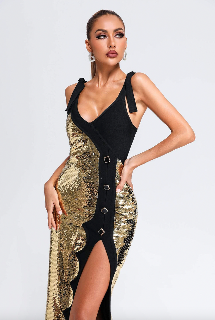 "Dolo" Gold Sequin High Slit Black Midi Bandage Dress
