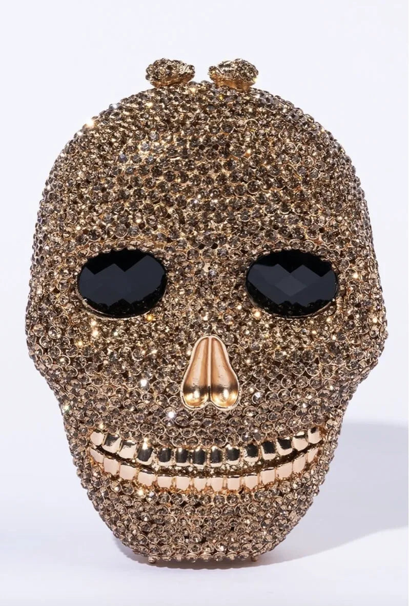 Skull Shaped Gold Sparkling Crystal Clutch Purse