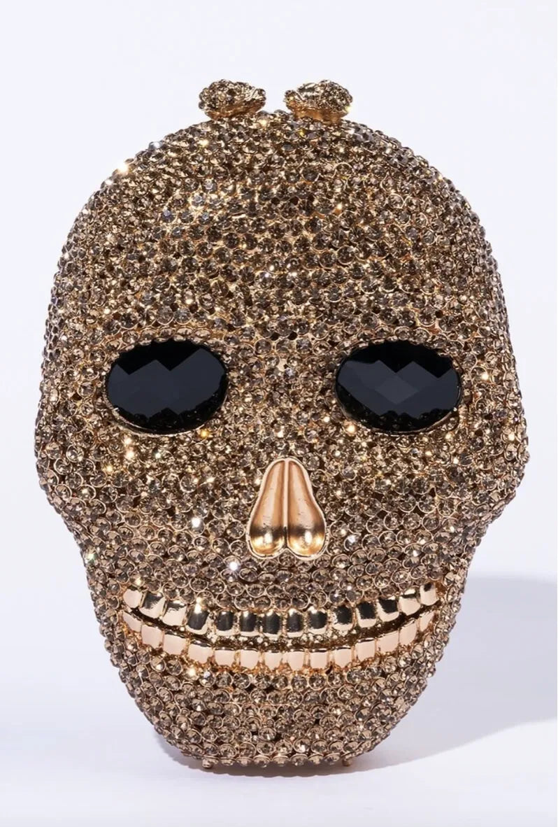 Skull Shaped Gold Sparkling Crystal Clutch Purse