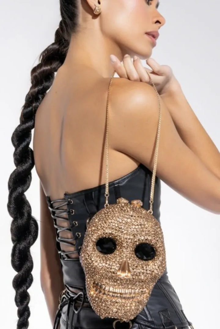 Skull Shaped Gold Sparkling Crystal Clutch Purse
